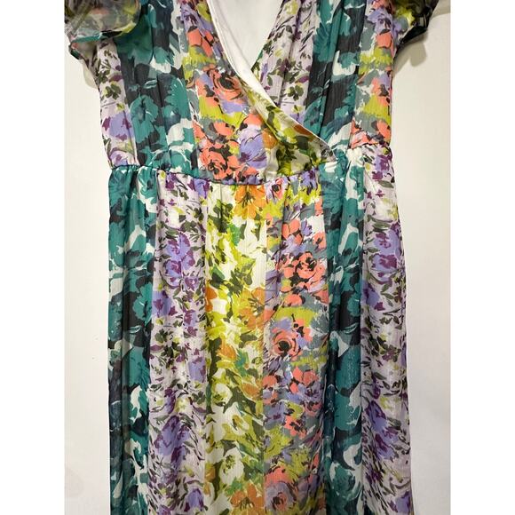 Parker & Rowe Faux Wrap Crystal Youryu Dress Floral Print Size Large NWT Vibrant - Picture 7 of 15